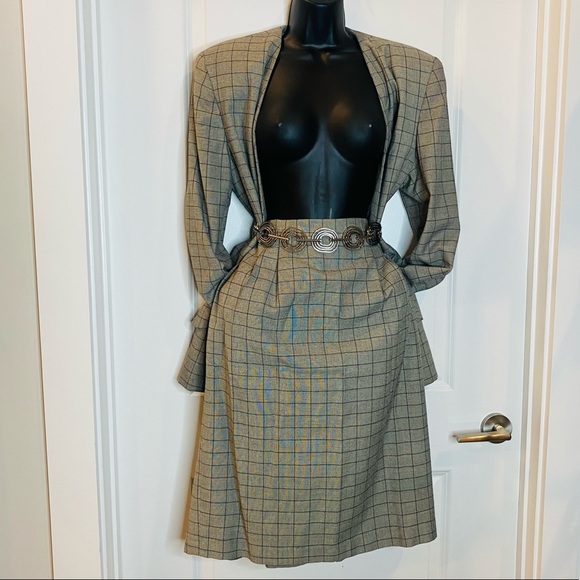 Vintage Gray Check Skirt Suit Size 10